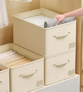 Кошик для зберігання одягу та білизни Joybos Fabric, об'єм 62 л, з бавовни та льону, складний, міцний, бежевий 2392 фото | Tidy Home